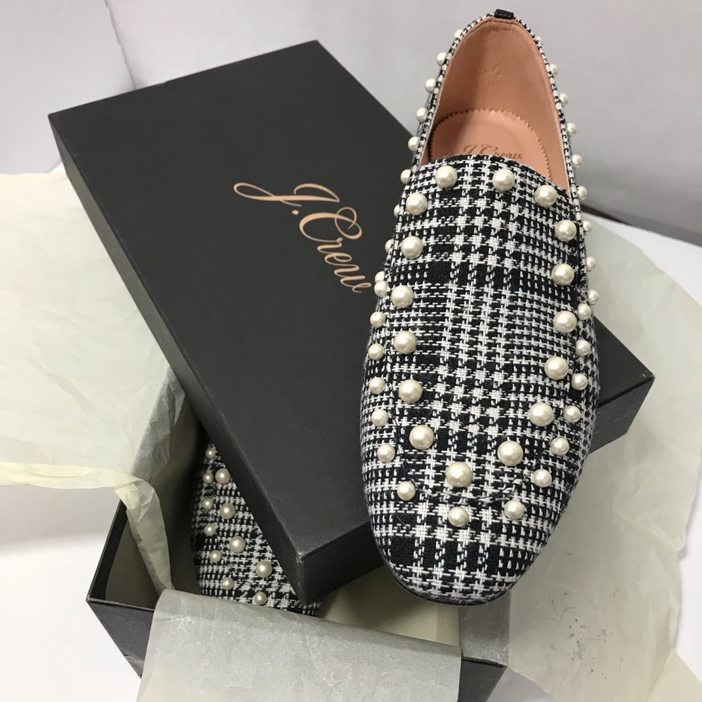 J. Crew pearl studded glen plaid loafers